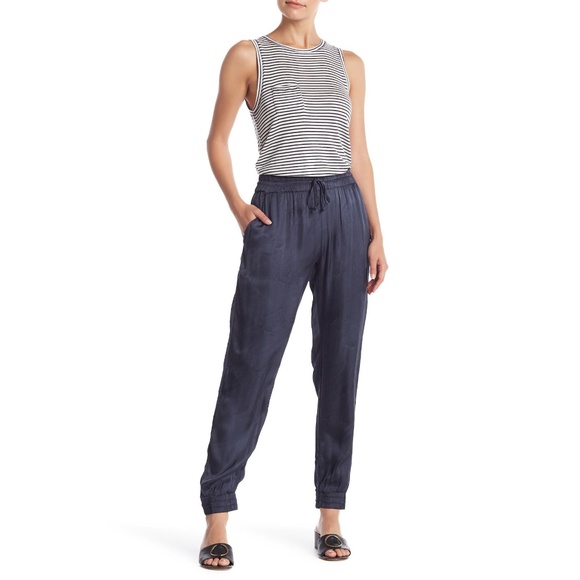 Navy Satin Drawstring Jogger Pants - Picture 1 of 6